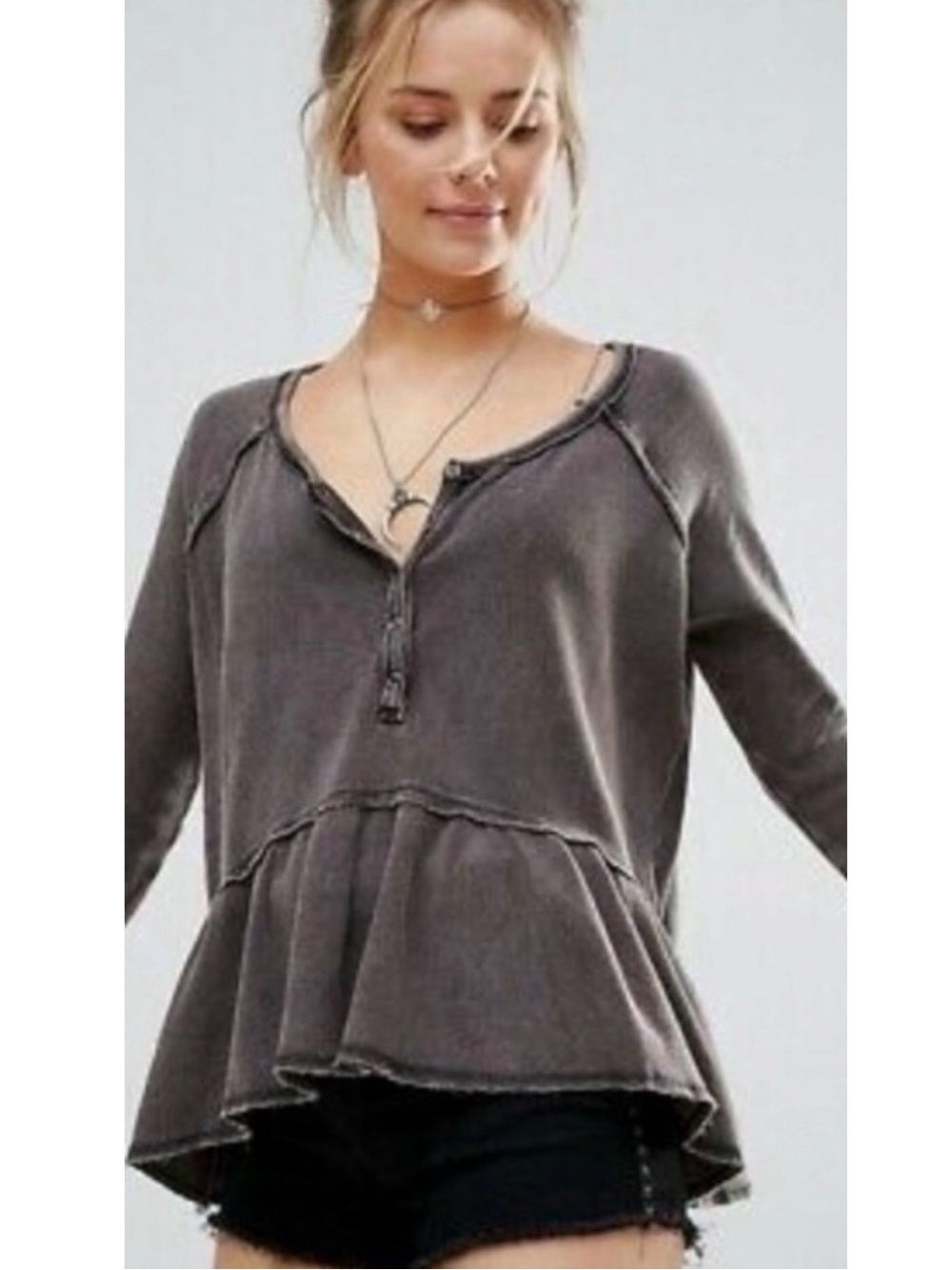 Free People Retro Grunge 90s Henley Thermal Peplum Tee Washed Dark Brown Medium